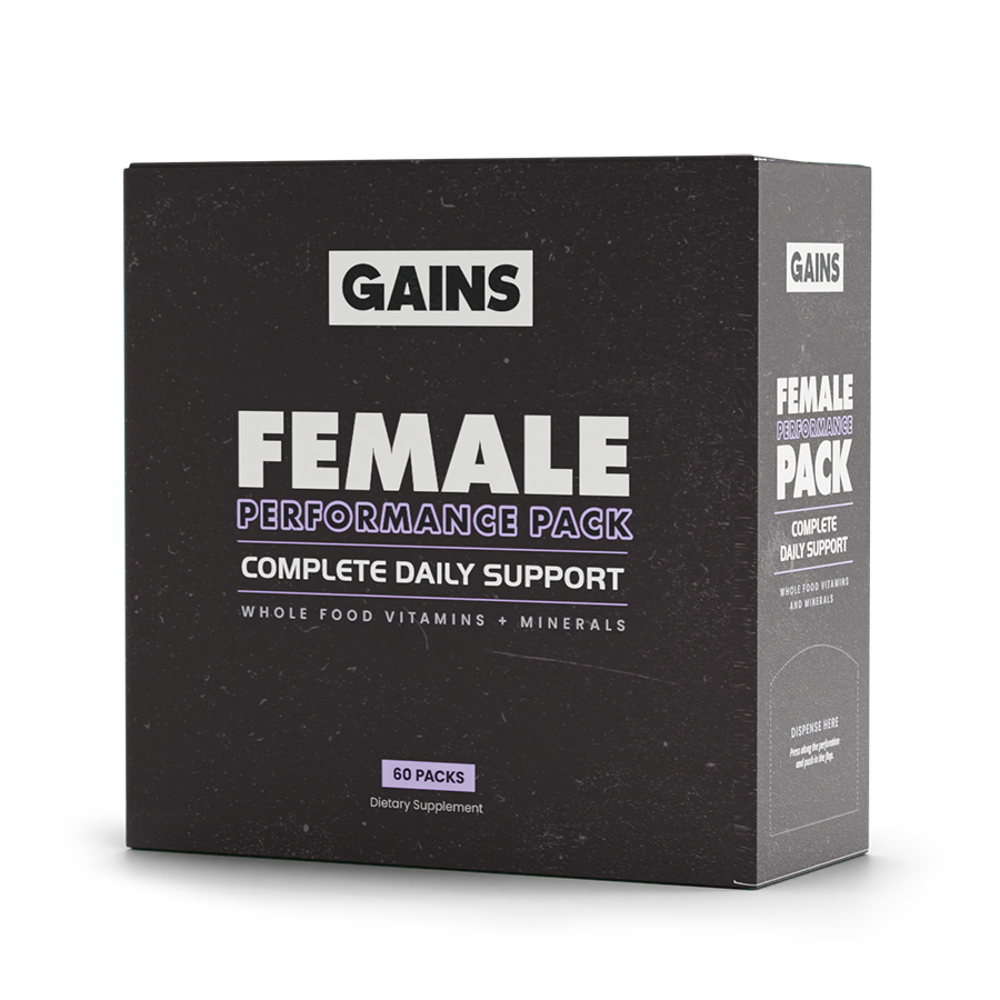 Box labeled 'Female Performance Pack' with vitamins and minerals support.