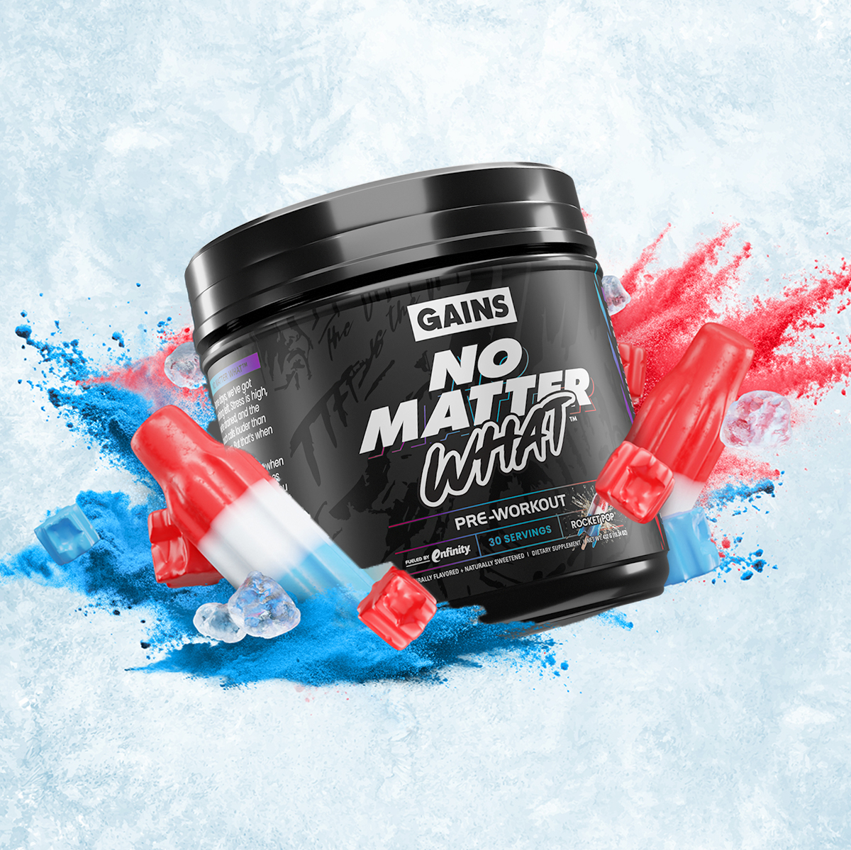 Pre-workout supplement container with red, white, and blue popsicles and ice cubes on a textured background.