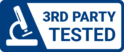 A blue and white badge with a microscope icon and the text '3rd Party Tested'.