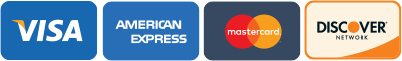 Logos for Visa, American Express, Mastercard, and Discover Network credit cards, indicating accepted payment methods.