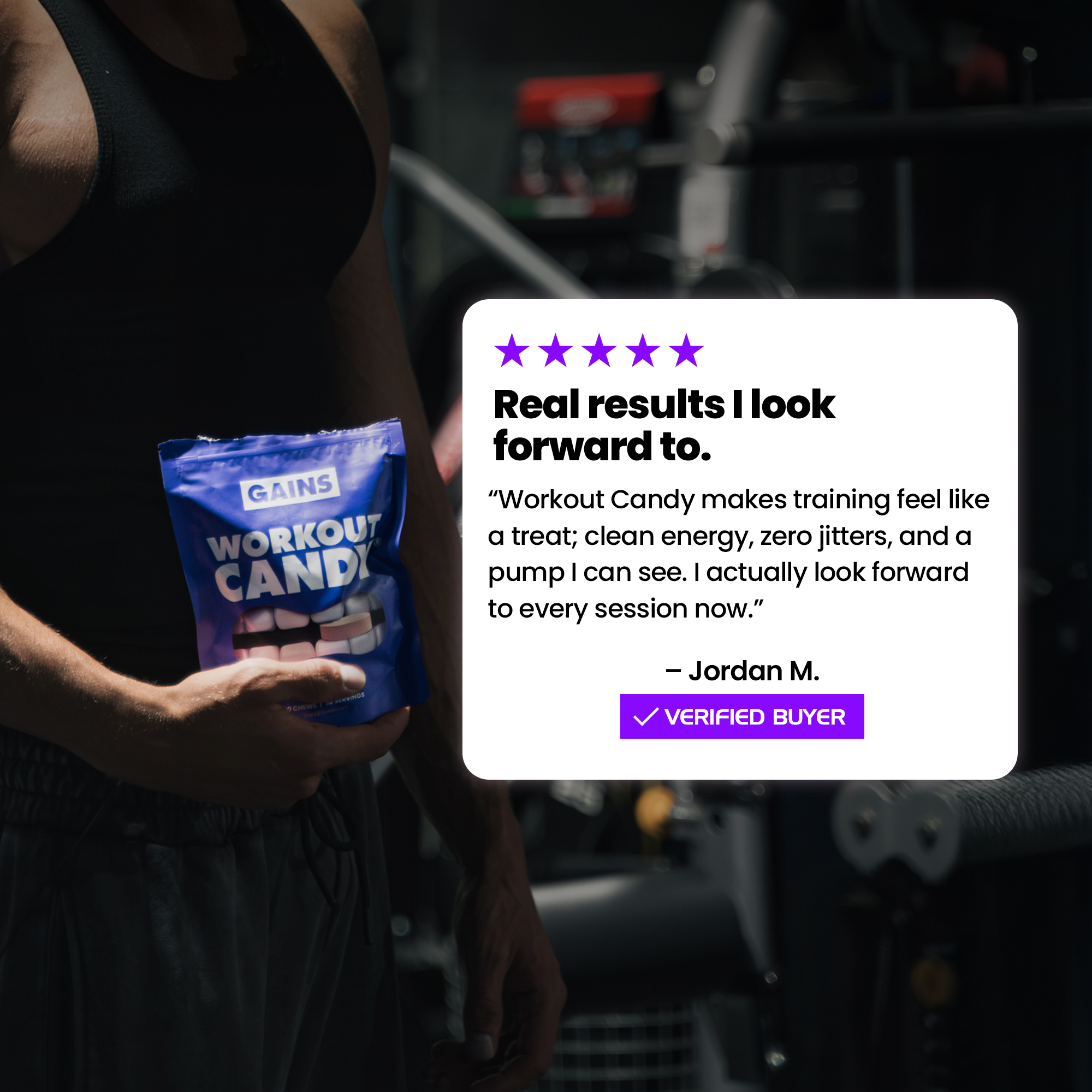 A man in a gym holds a bag of Gains Workout Candy next to a positive customer review.