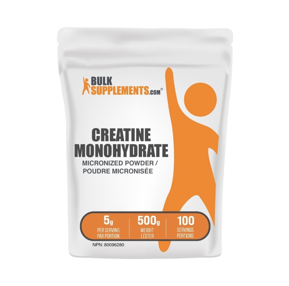 White bag of creatine monohydrate supplement with orange figure and text details.