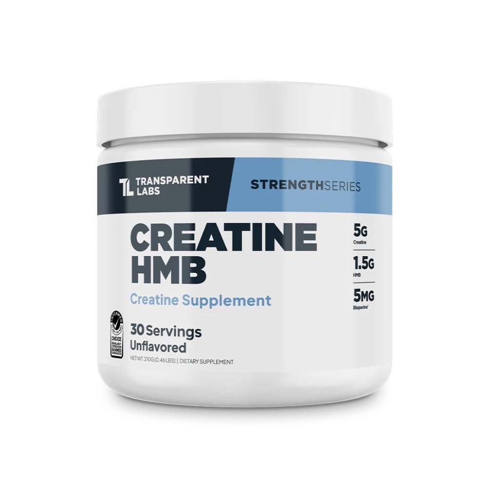 Container of creatine HMB supplement from Transparent Labs.