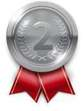 A silver medal with the number 2 on it, attached to a red ribbon.
