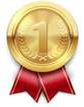 A gold medal with the number 1 on it and a red ribbon attached.