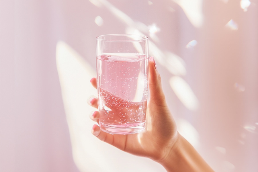 Hand holding a glass of pink sparkling water against a soft background.