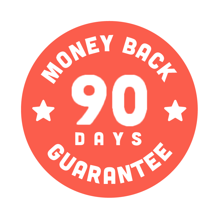 Red badge with '90 Days Money Back Guarantee' text and stars.
