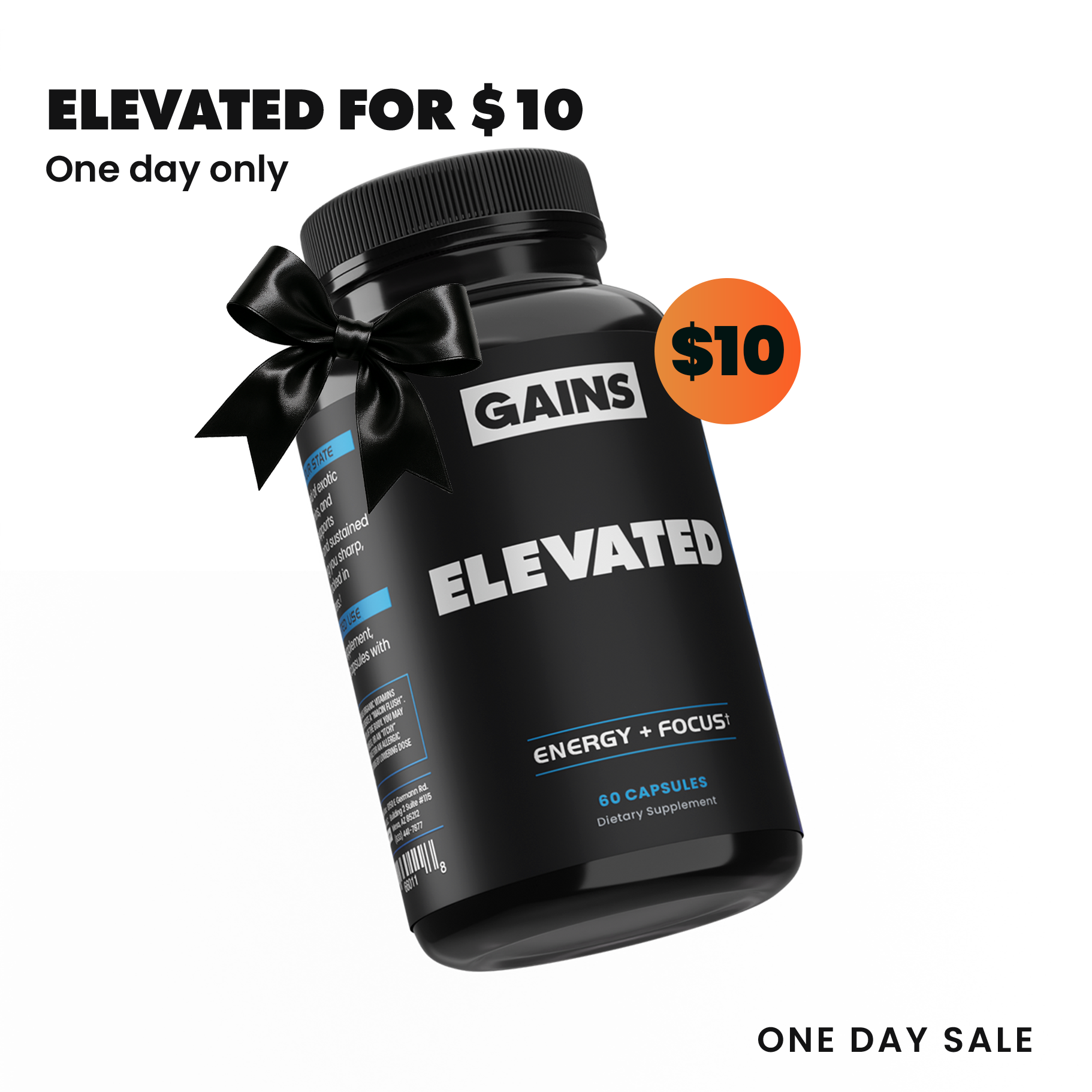 Black bottle with bow, labeled 'GAINS ELEVATED,' priced at $10.