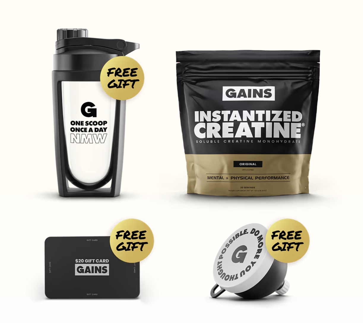 A bag of Gains Instantized Creatine next to a shaker, gift card, and funnel, all labeled free gifts.