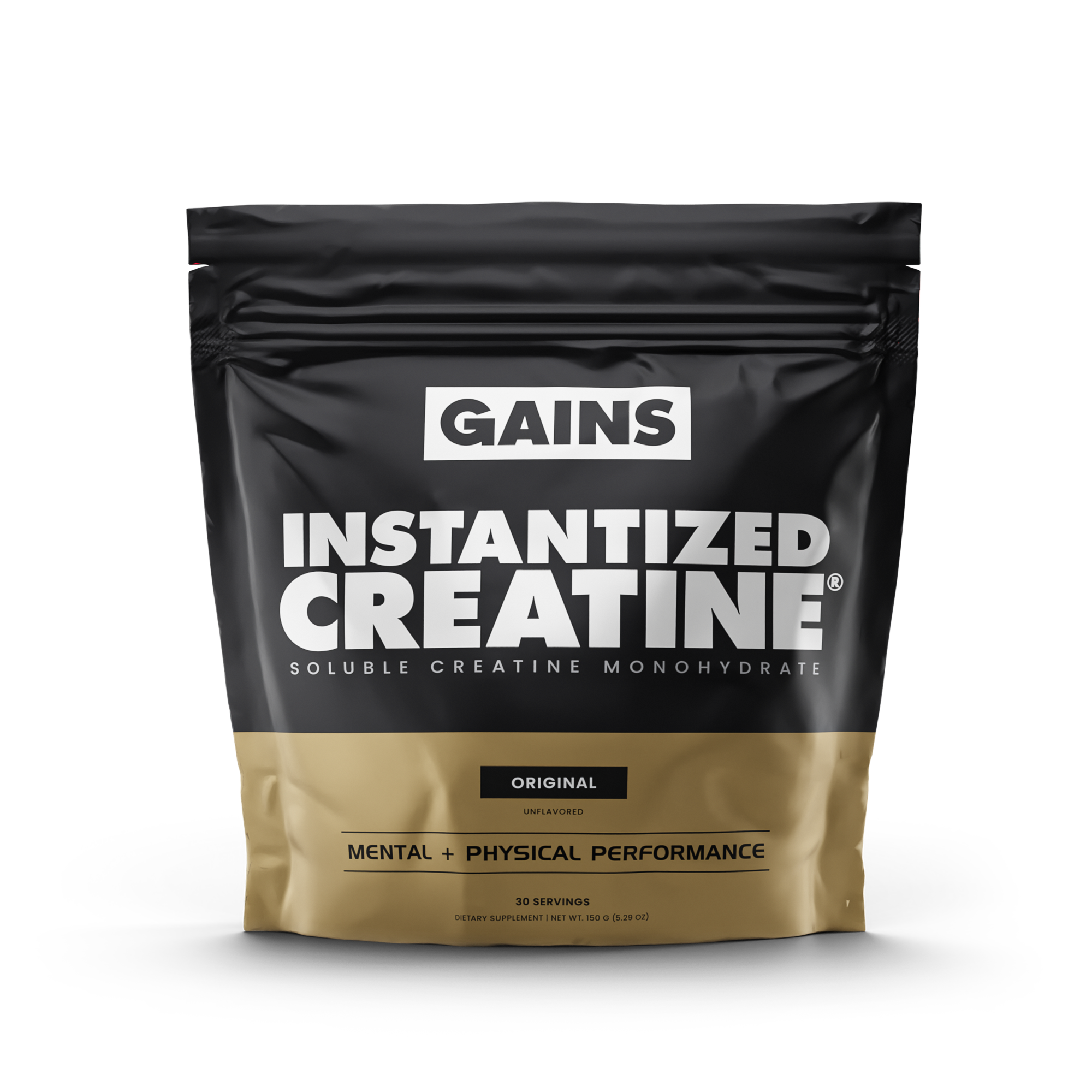 A black and gold pouch of Gains Instantized Creatine, a dietary supplement for mental and physical performance.