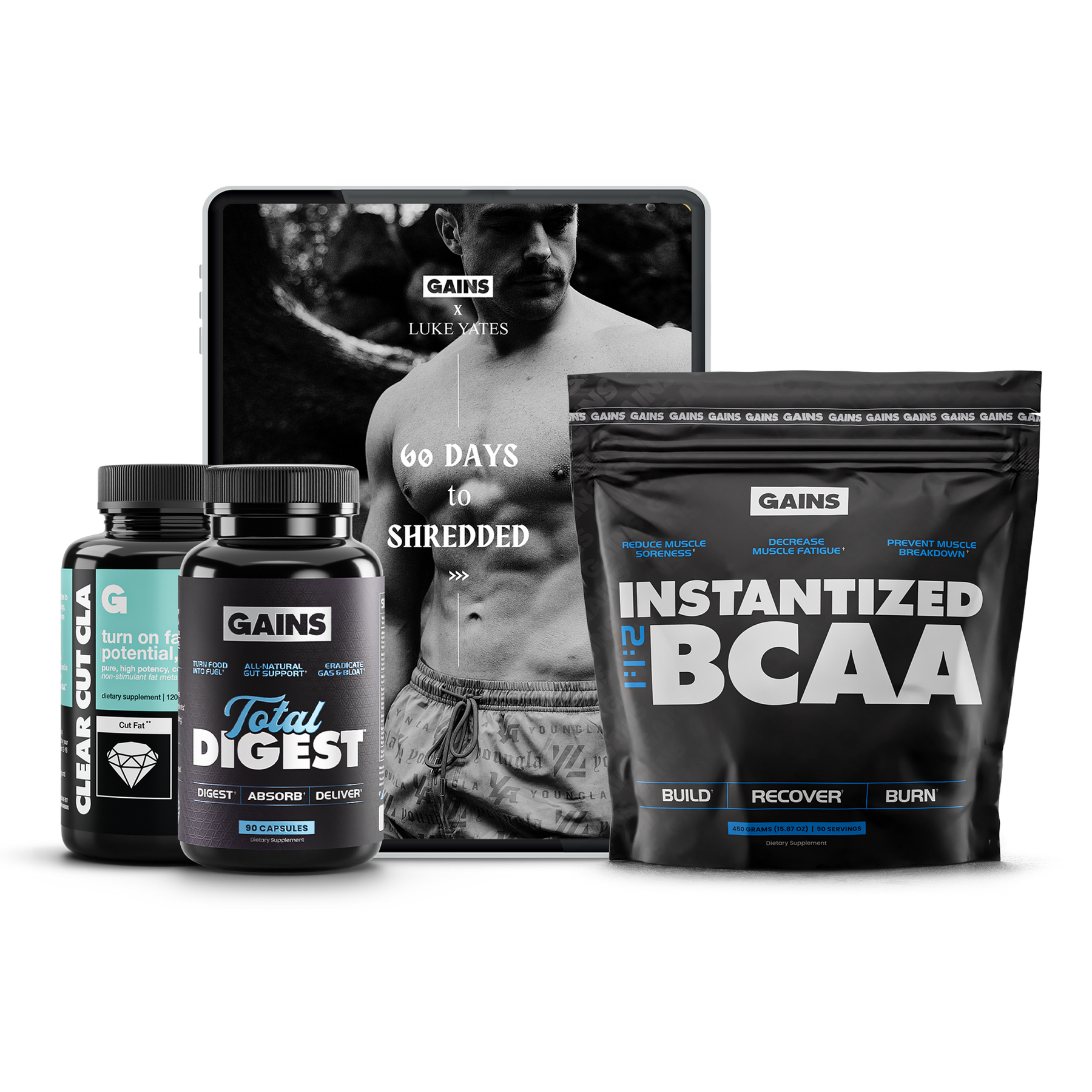 Fitness supplements with a 60-day workout plan in the background.