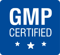 A blue logo with the words 'GMP CERTIFIED' written in white, with three white stars underneath.