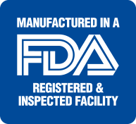 A blue badge stating 'Manufactured in a FDA Registered & Inspected Facility' with the FDA logo.
