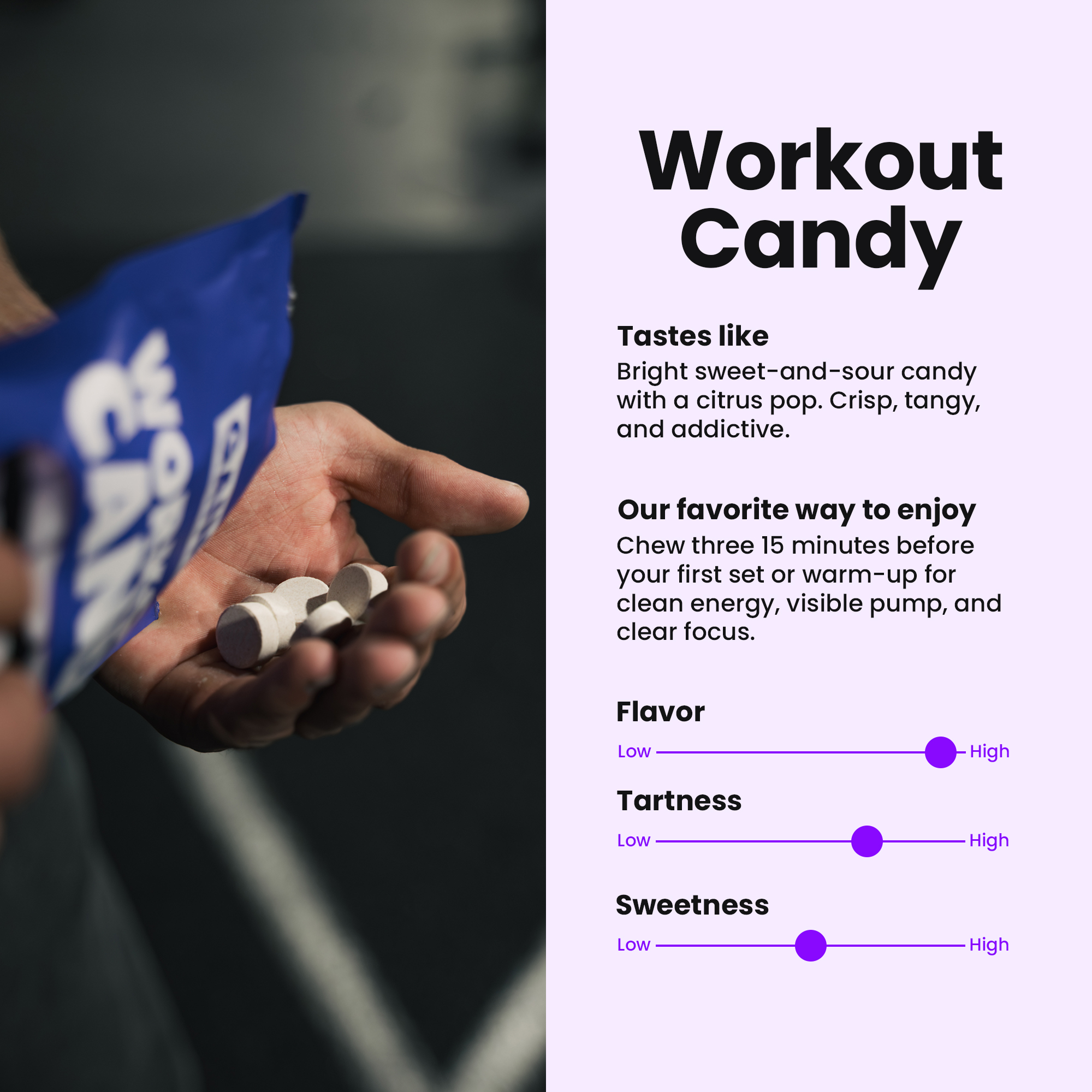 A person pouring white Workout Candy tablets into their hand next to a product description.