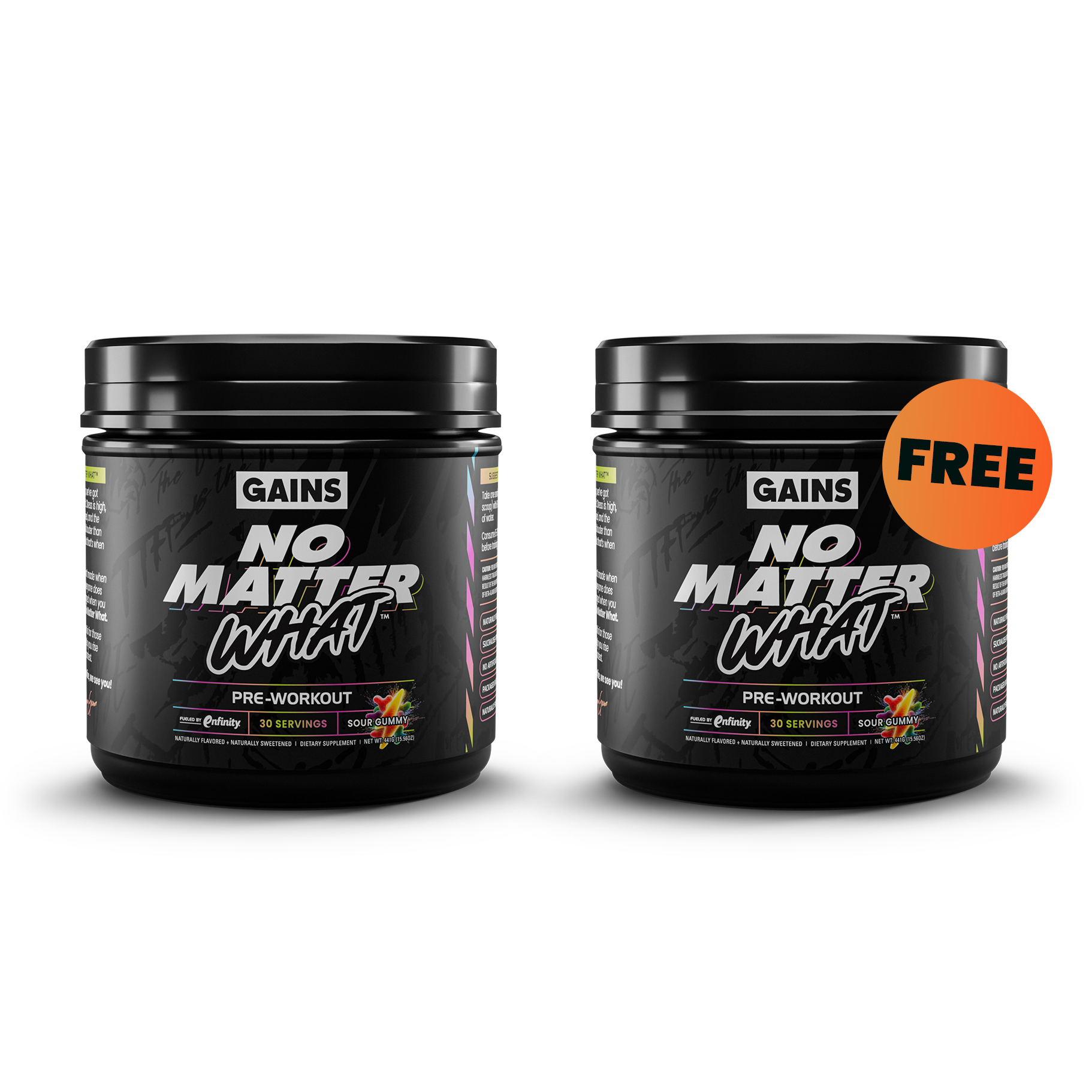 Two pre-workout supplement containers, one with an orange 'FREE' label.