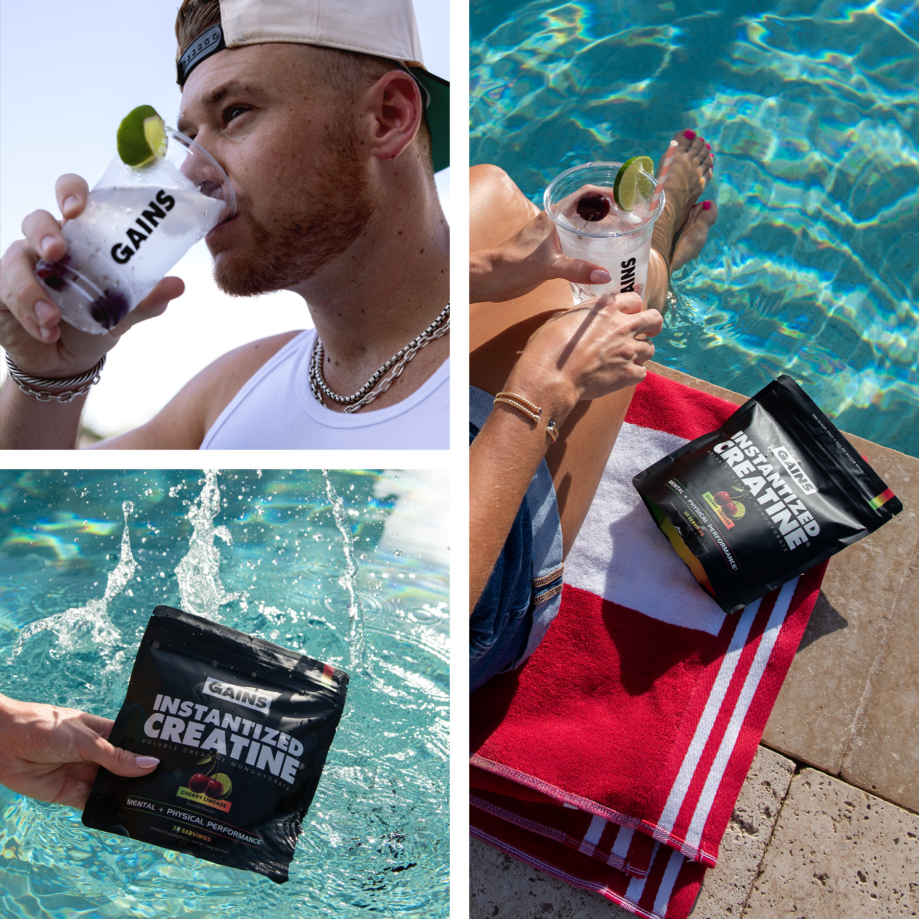 Collage of people enjoying GAINS Instantized Creatine supplement drinks by a swimming pool on a sunny day.