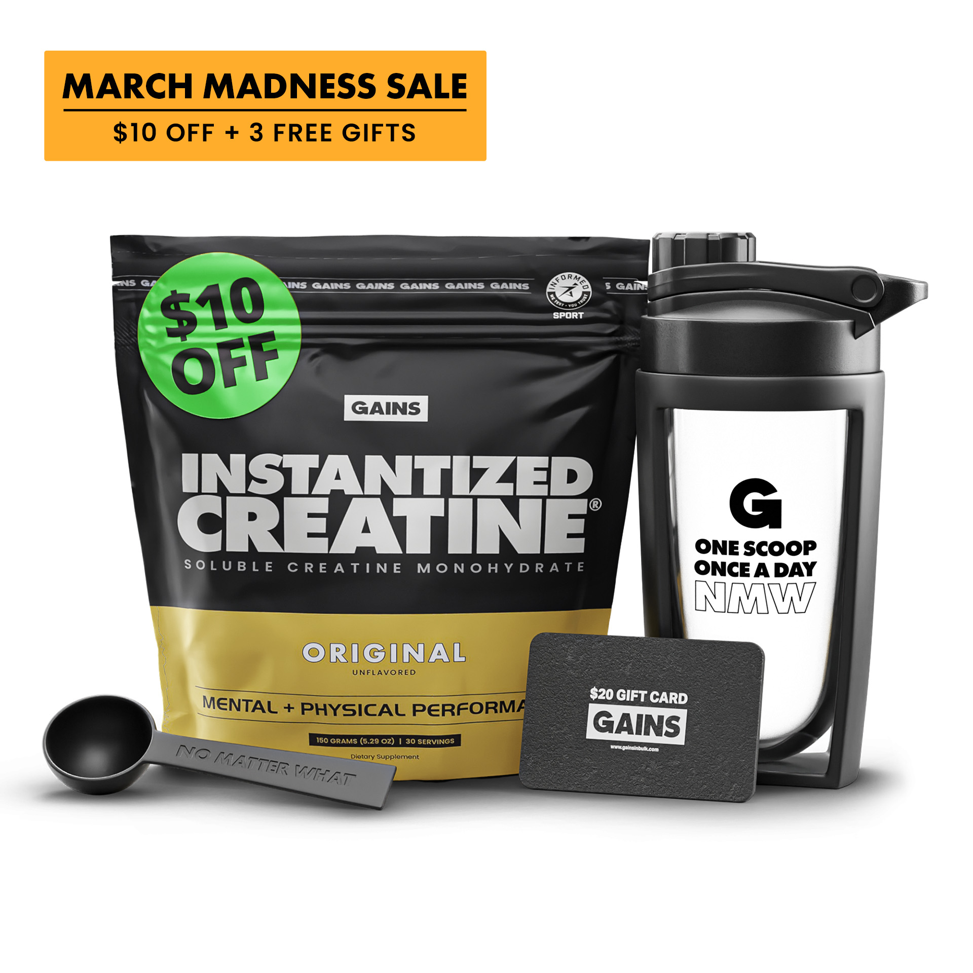 Creatine supplement sale with shaker, spoon, and gift card included.