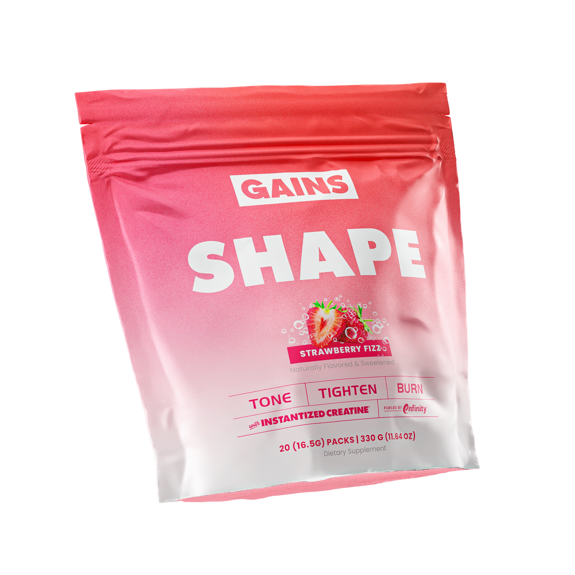 Pink and white packaging of a dietary supplement called 'Shape' with strawberry fizz flavor.