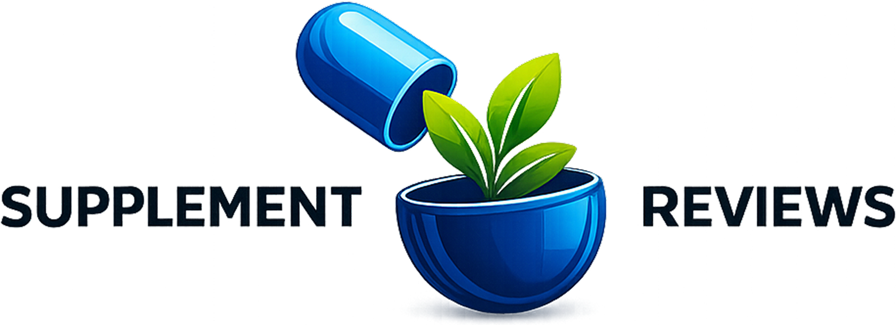 Supplement Reviews logo with a stylized graphic of a plant growing from an open blue capsule.
