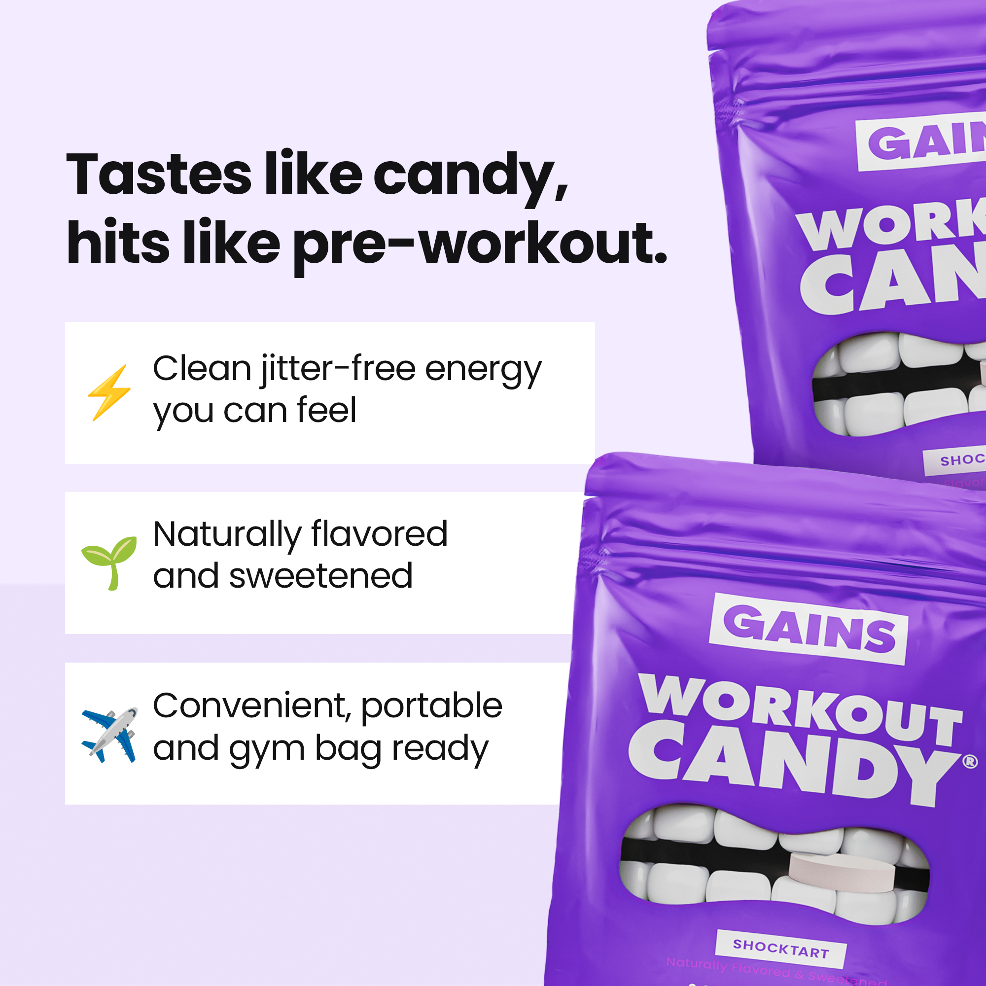 An advertisement for Gains Workout Candy, showing two purple bags of the product next to its benefits.