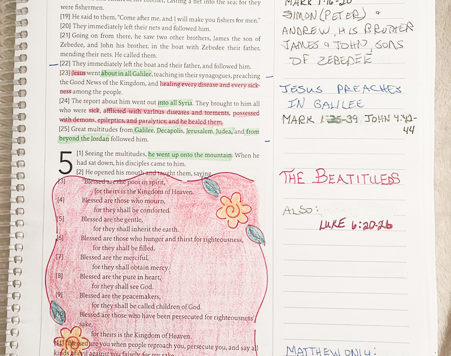 Notebook page with Bible verses, handwritten notes, and colorful doodles.