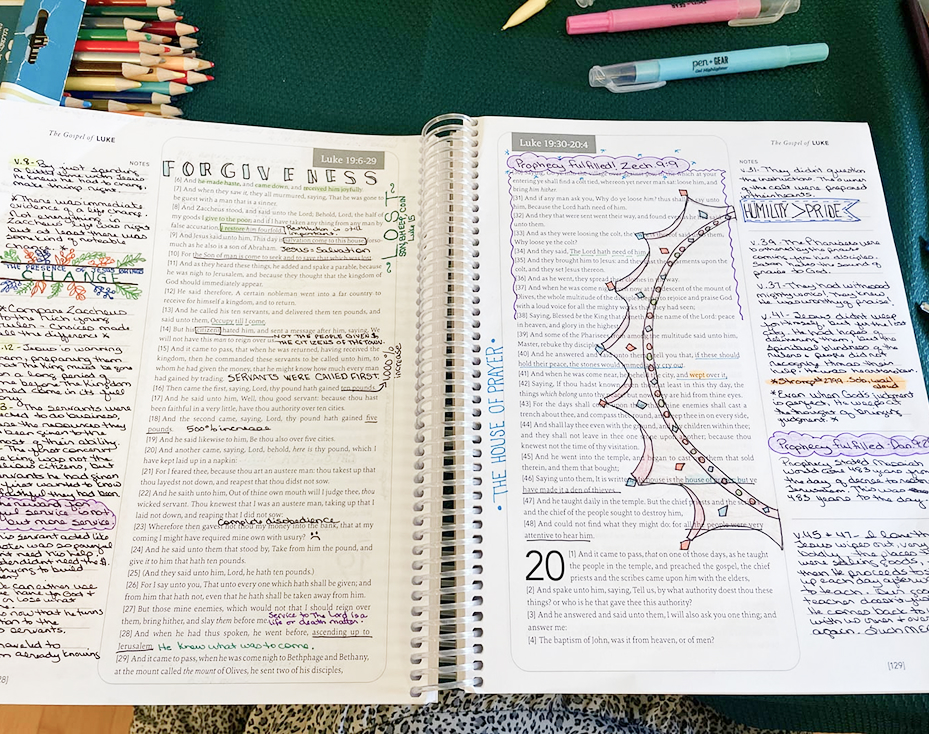 Open notebook with handwritten notes and colorful highlights on Bible passages.