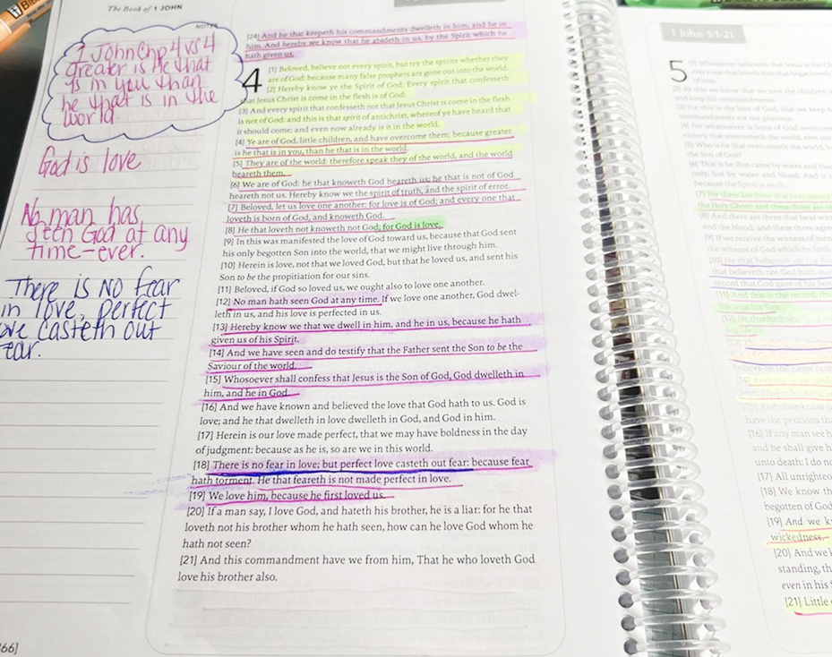 Open Bible with highlighted and handwritten notes on the pages.