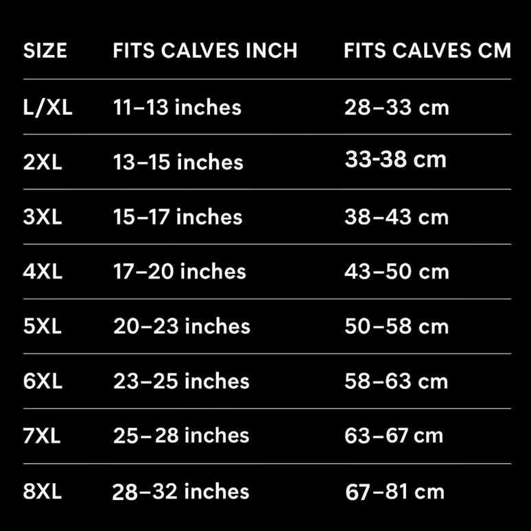 A size chart showing calf measurements in inches and centimeters for sizes L/XL to 8XL.