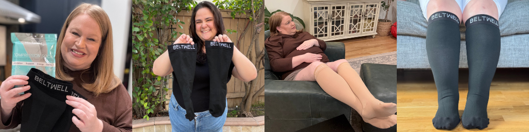A collage of four images of women showing off and wearing Beltwell brand compression socks.