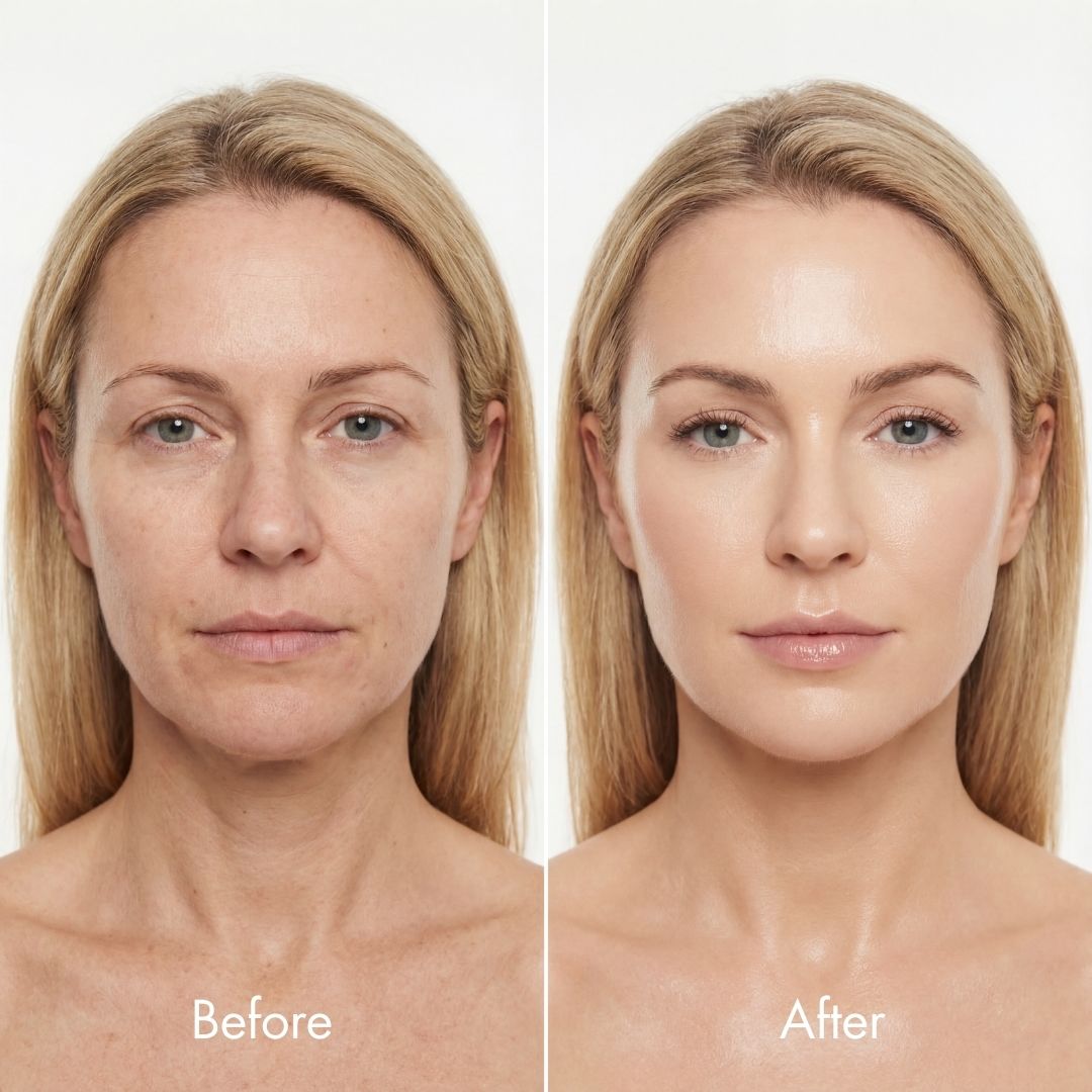 before/after image of a woman who looks younger with the smooche foundation