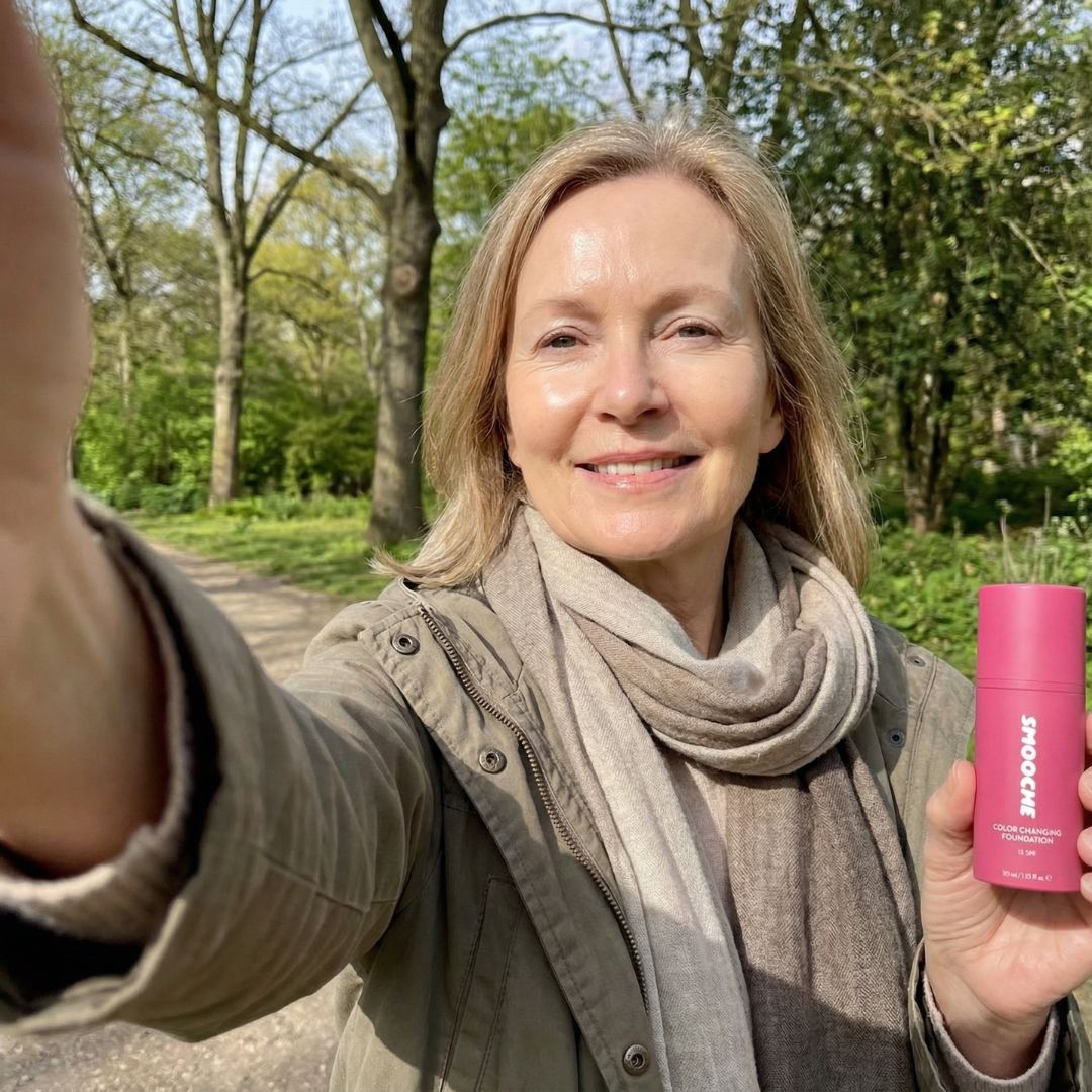 Person outdoors holding a pink bottle, surrounded by trees.