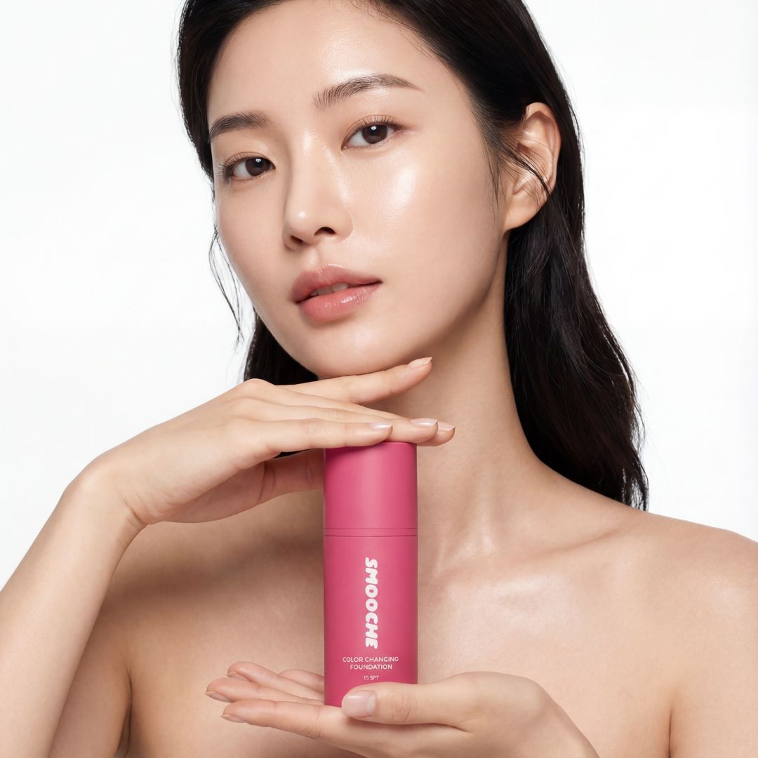 Person holding a pink bottle labeled 'Smooch' close to their face.