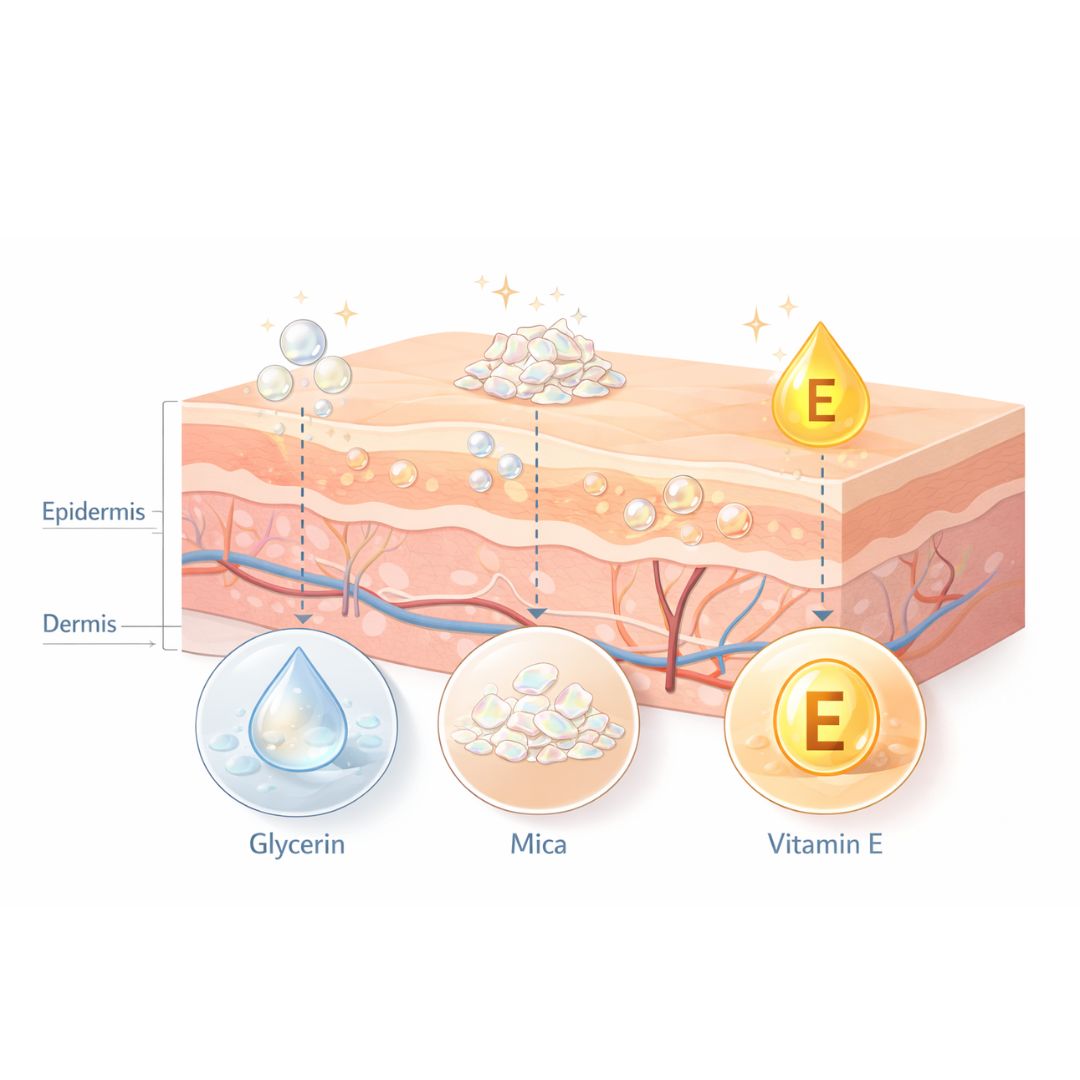 Illustration of skin layers with glycerin, mica, and Vitamin E benefits highlighted.