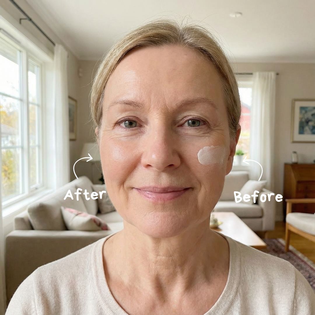 Smiling woman with cream on face, text 'Before' and 'After' indicating skincare treatment.