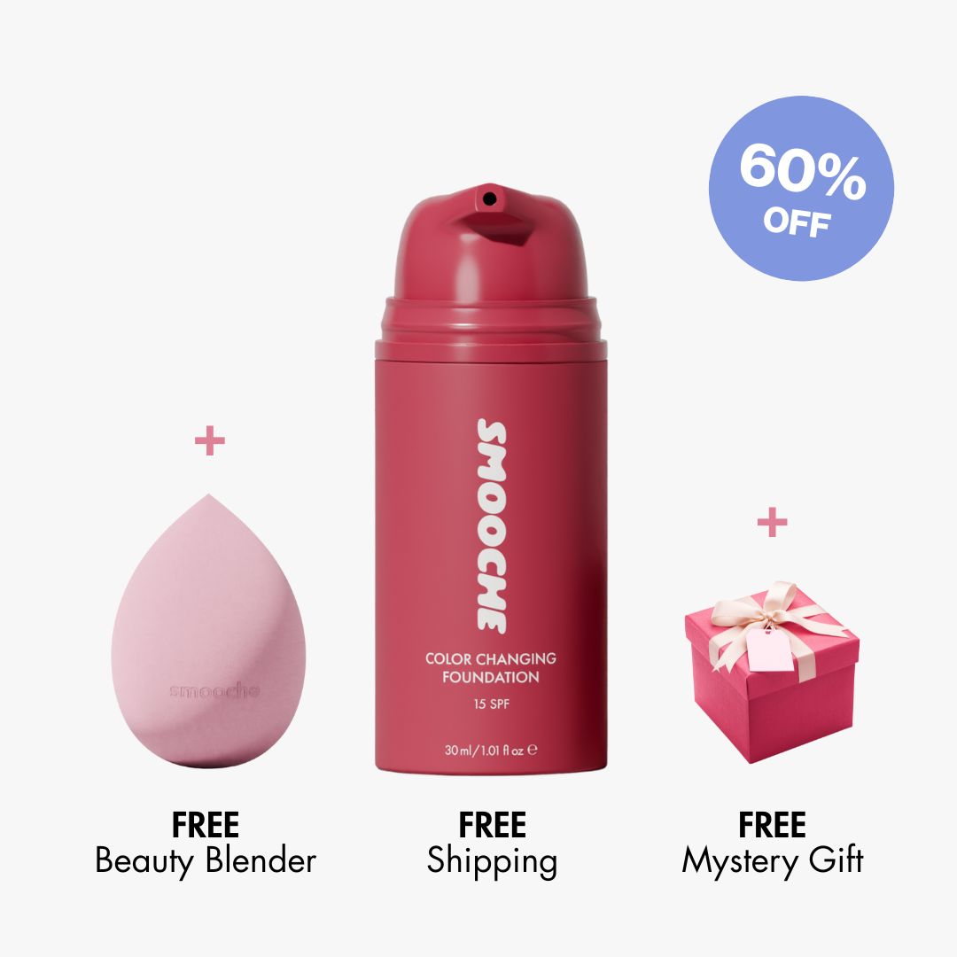 A promotional image for Smooche foundation showing the bottle, a beauty blender, and a small gift box.