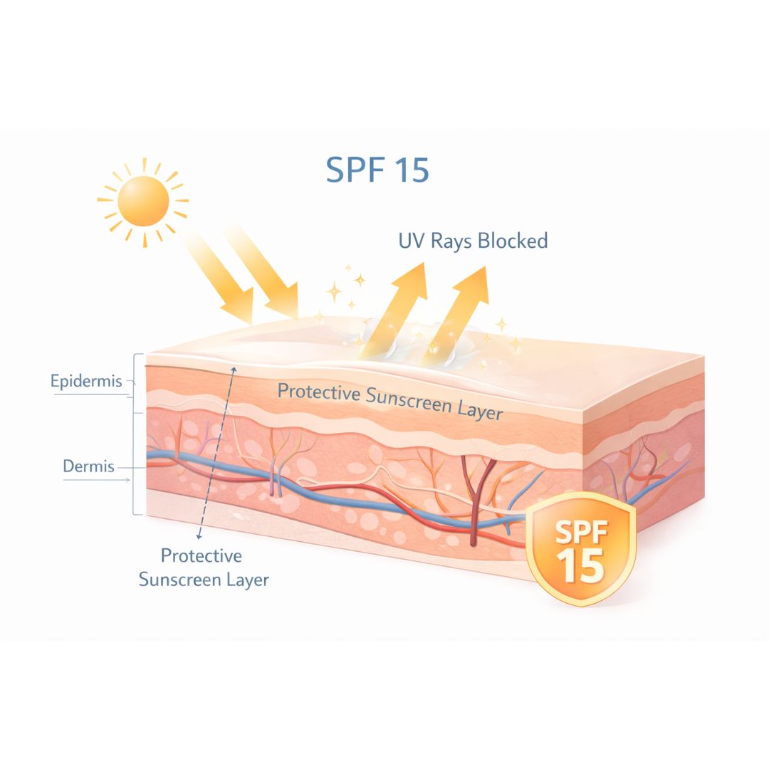Diagram showing SPF 15 sunscreen blocking UV rays on skin layers.