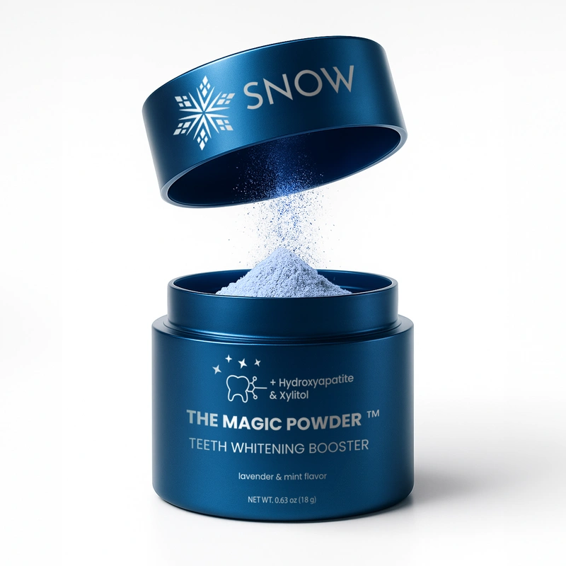 Blue container of teeth whitening powder labeled 'The Magic Powder'.