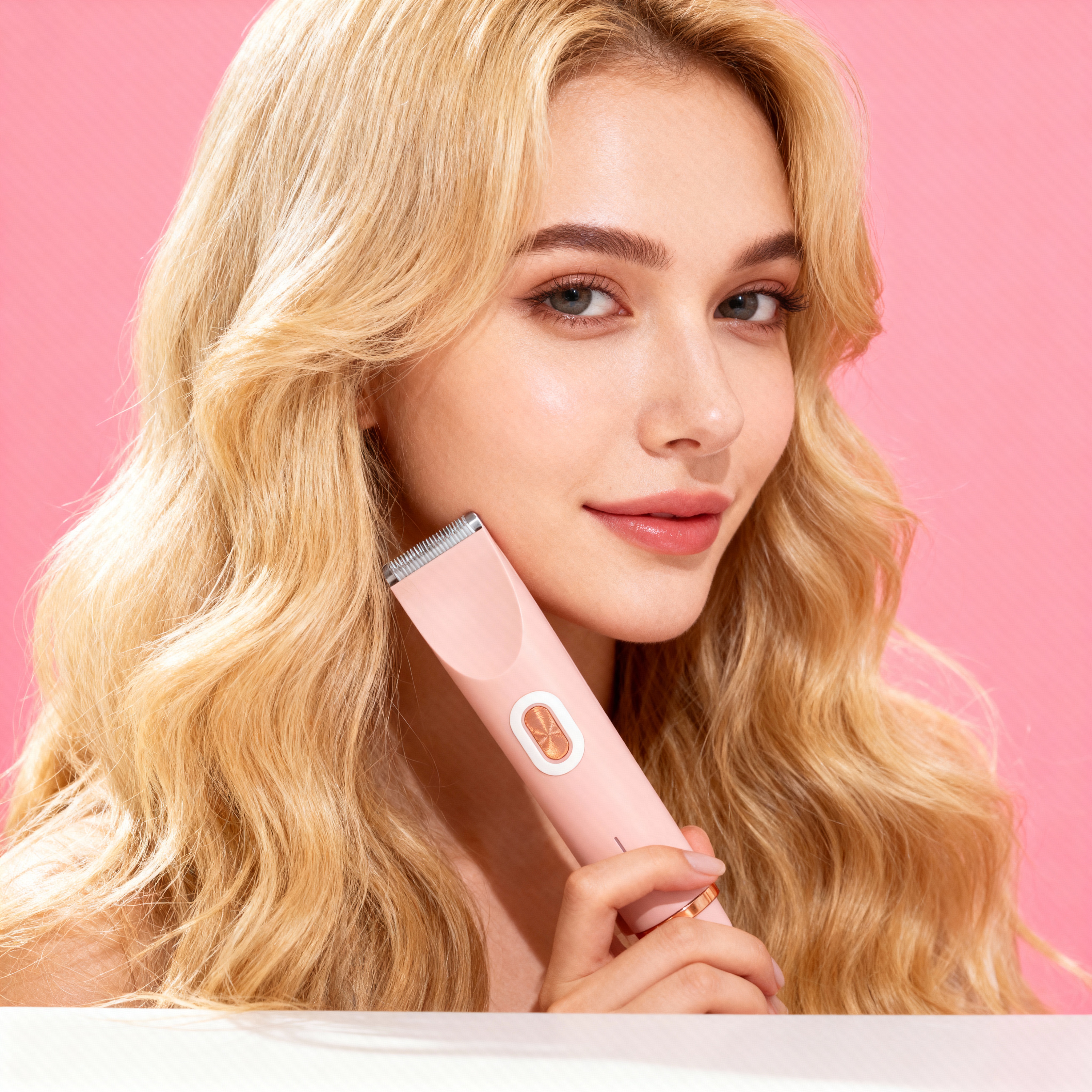 A woman with long blonde hair holds a pink electric trimmer near her face against a pink background.