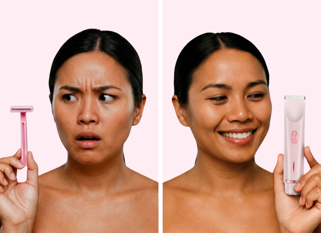 A side-by-side image of a woman looking displeased with a razor and pleased with an electric trimmer.