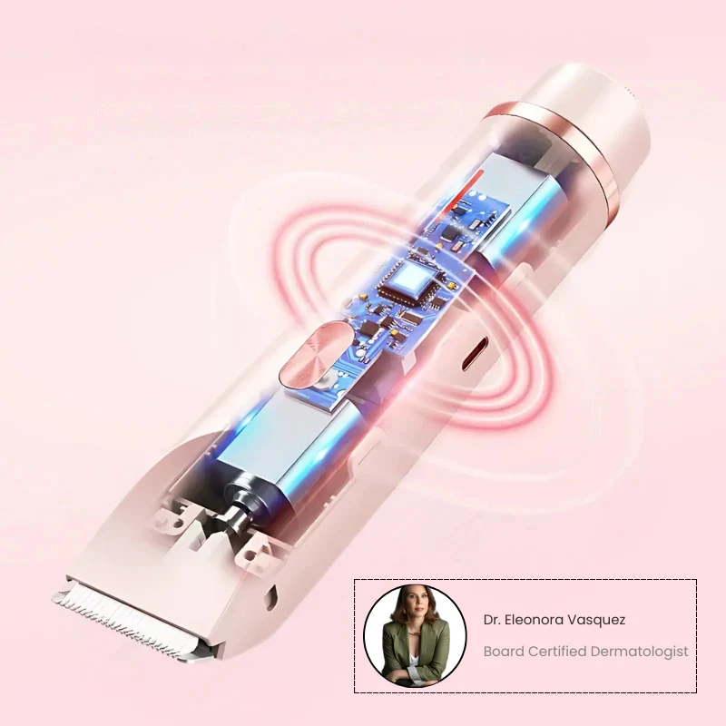A cutaway view of an electric facial trimmer, showing internal components, with an endorsement from a dermatologist.