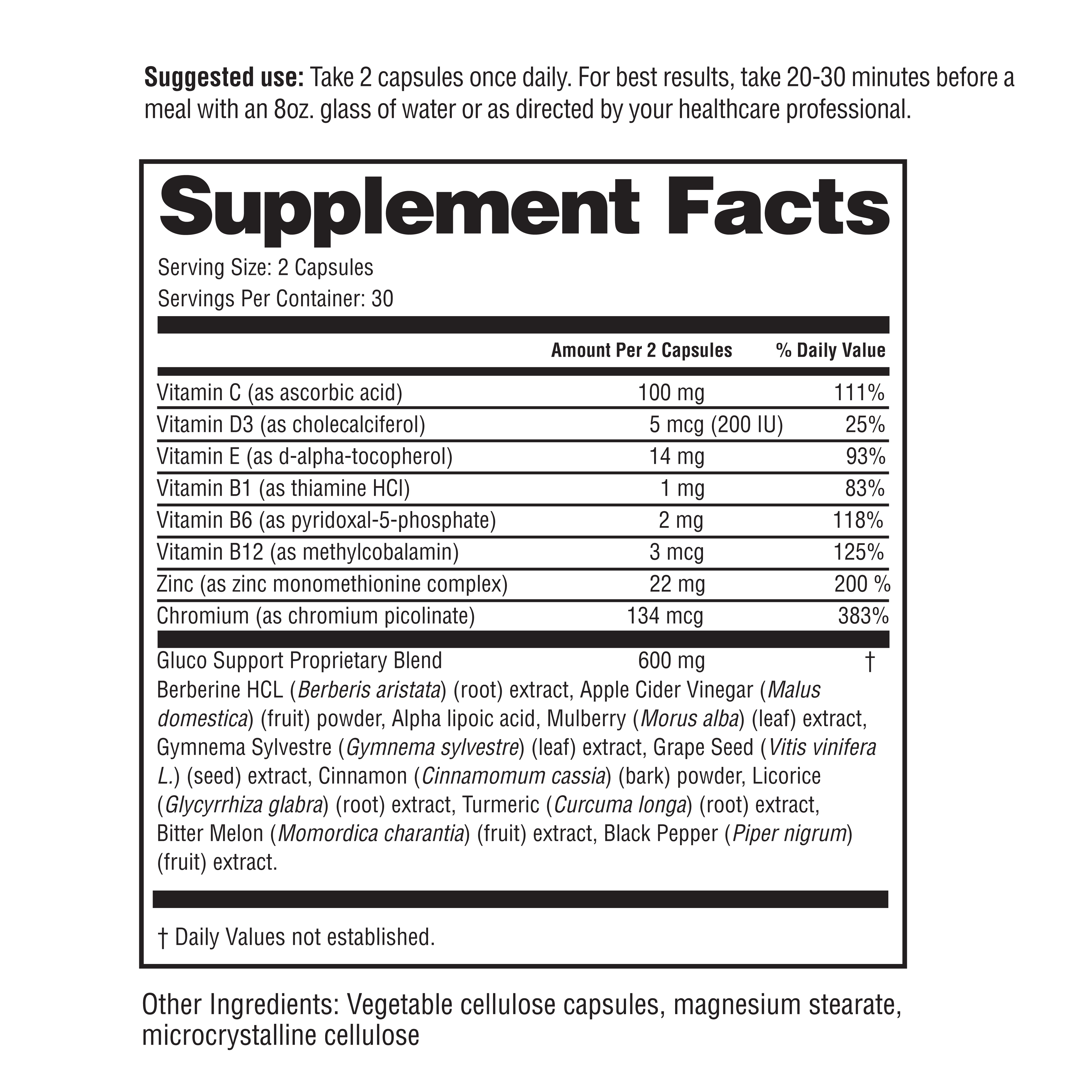 The supplement facts label for a dietary supplement, listing ingredients and daily values.