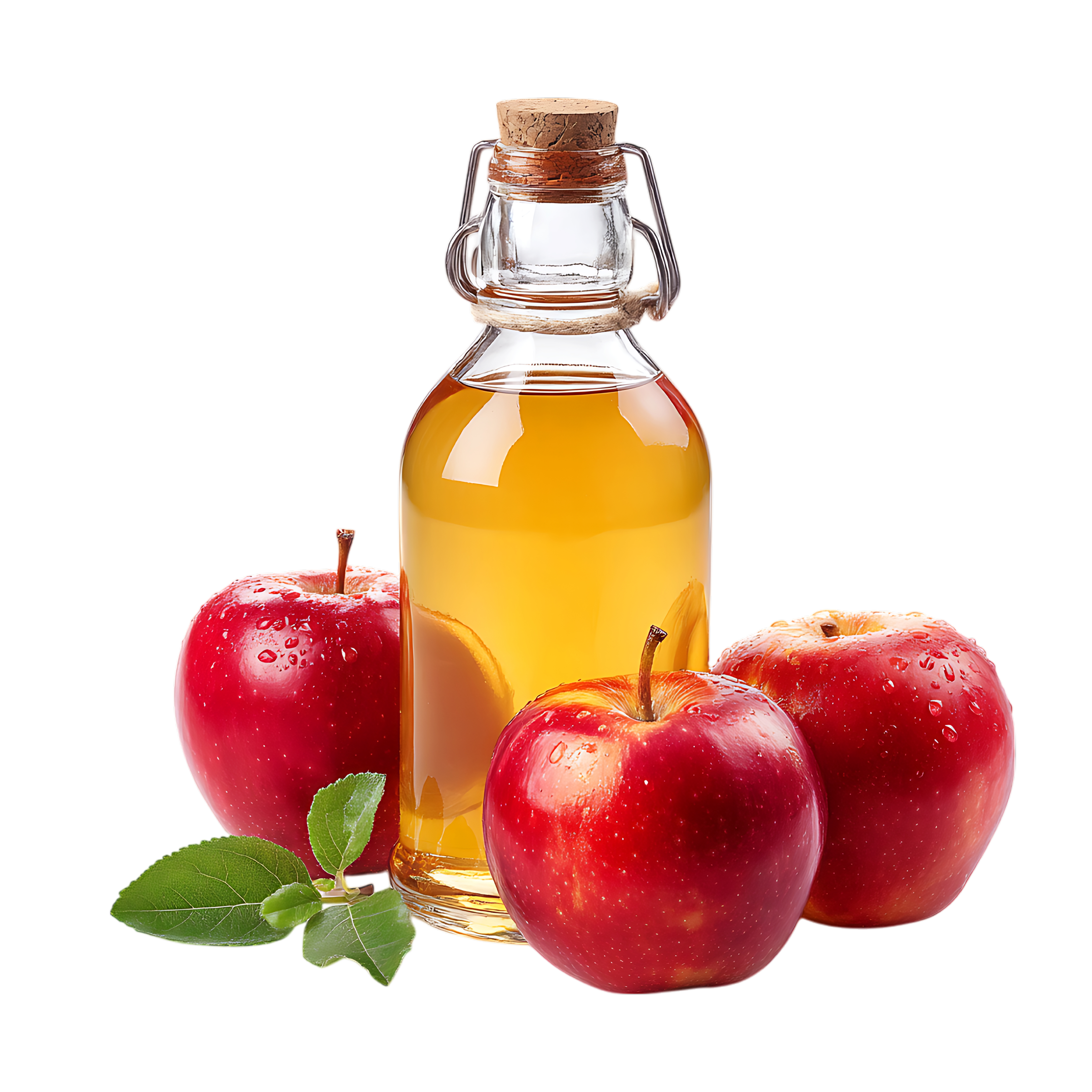 A bottle of apple cider vinegar with three red apples and leaves on a white background.
