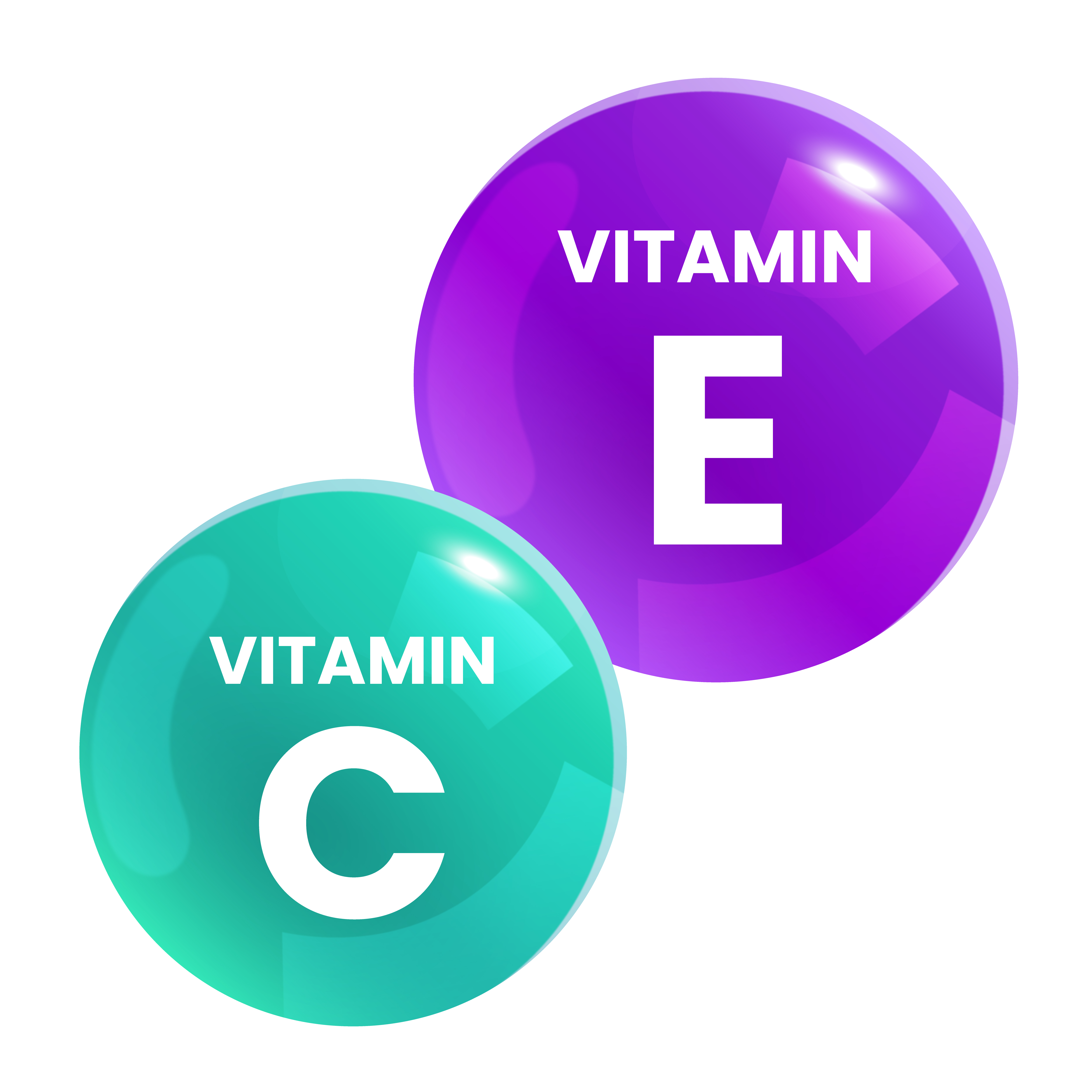 A graphic illustration of two circular icons representing Vitamin C in teal and Vitamin E in purple.
