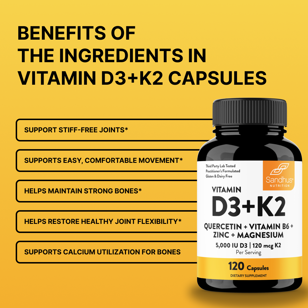 A bottle of Sandhus Nutrition Vitamin D3+K2 capsules is shown next to a list of its benefits.