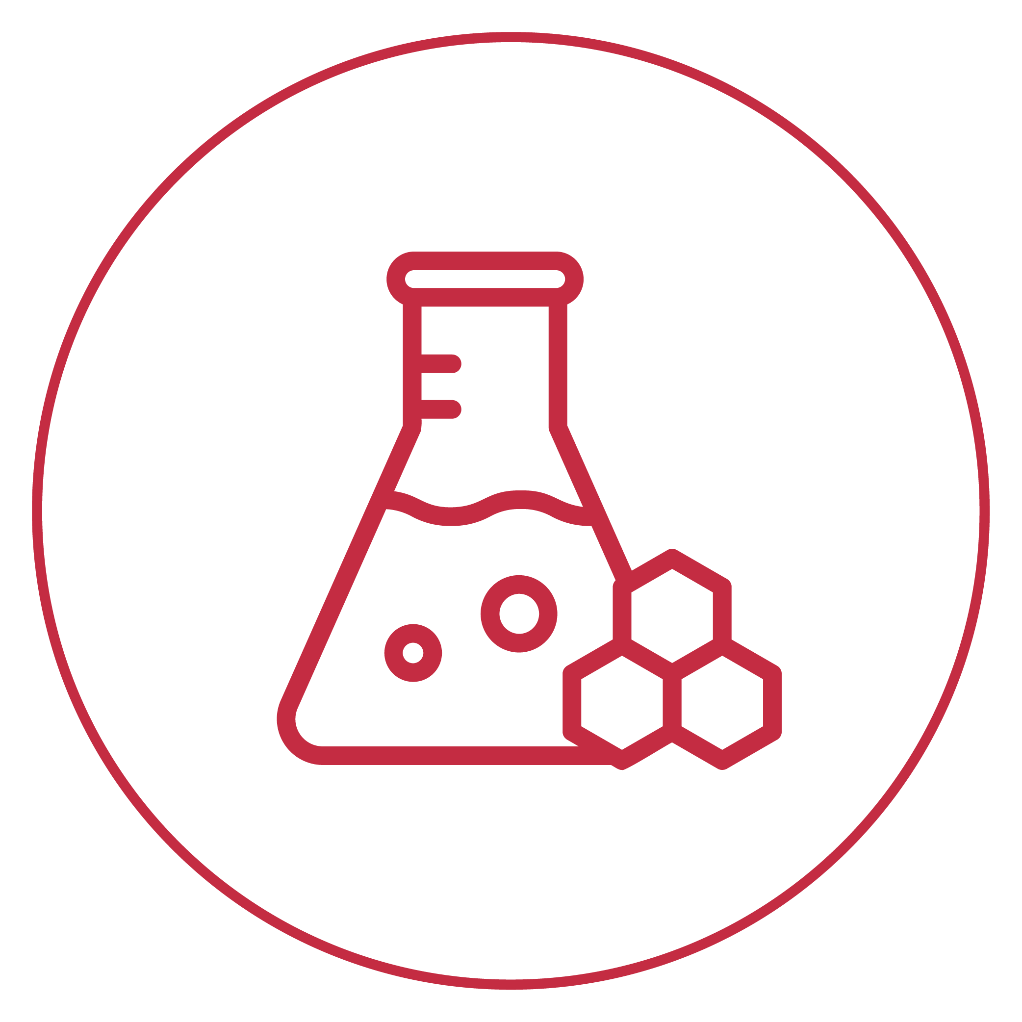 Red chemistry flask and hexagons on a green background.