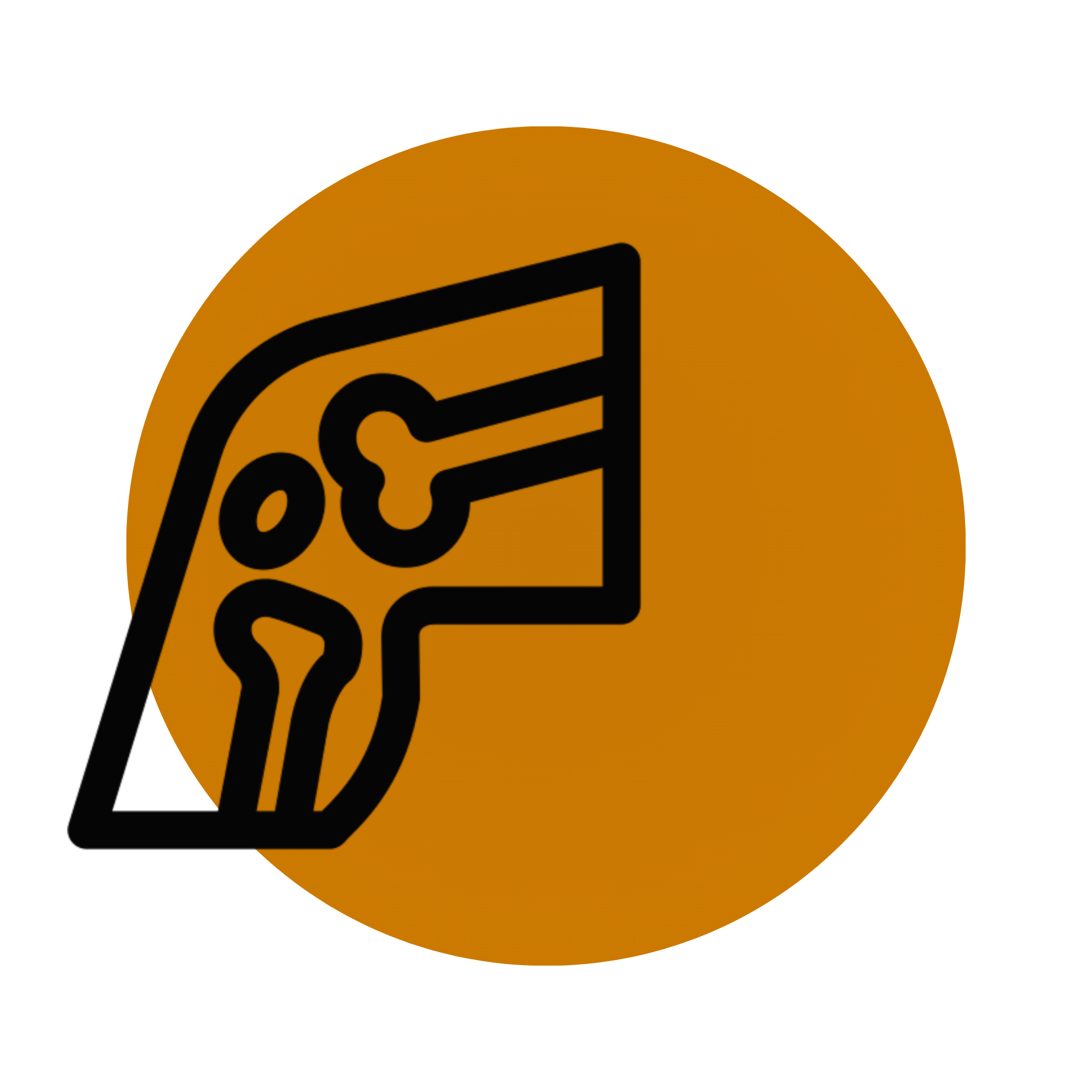 A black line art icon of a joint, showing two bones, set against an orange circle.