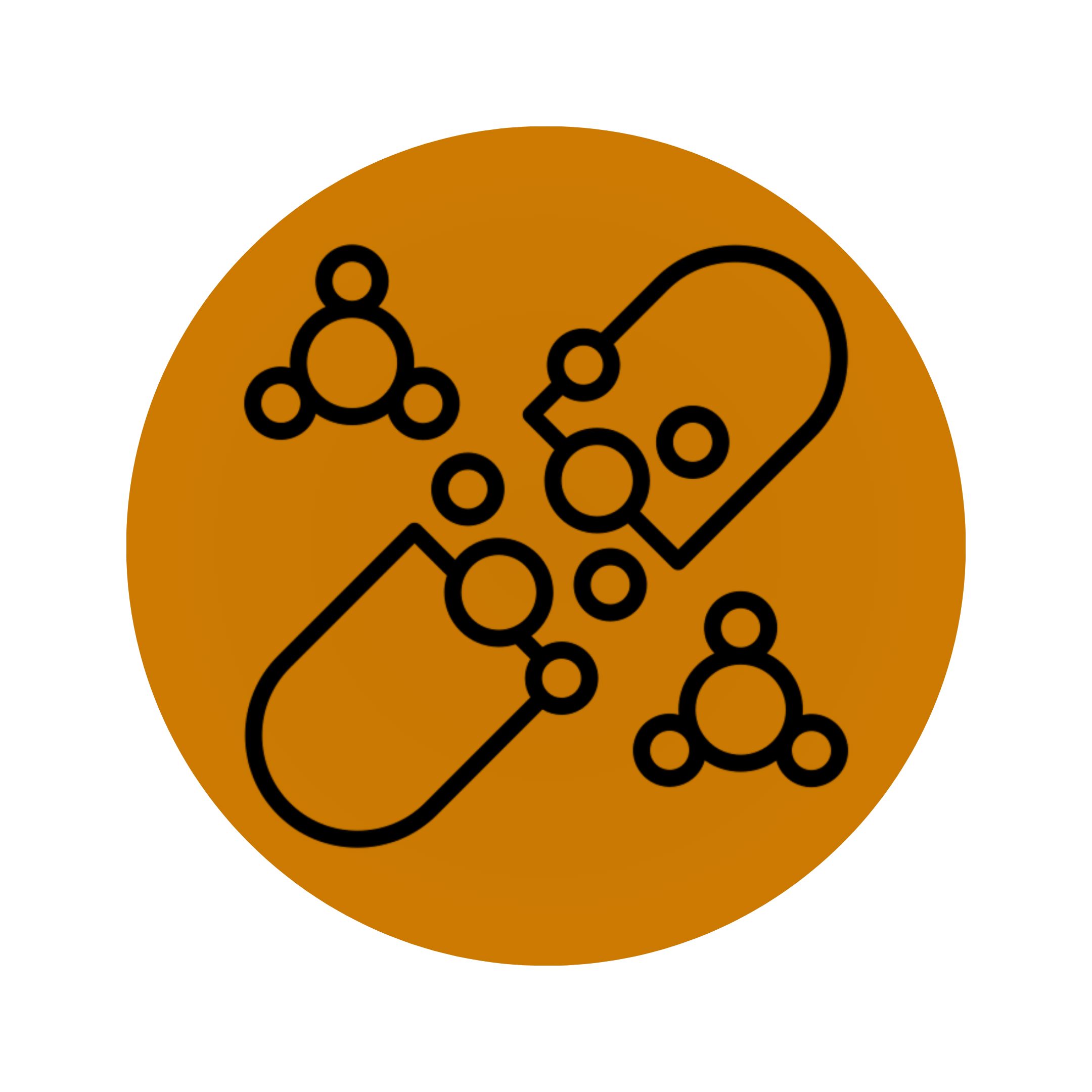 A line art icon of a broken capsule releasing molecules, set inside an orange circle.