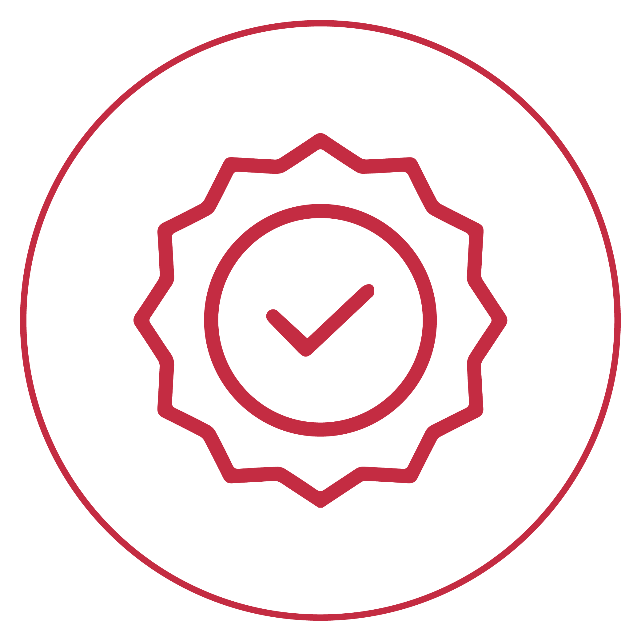 Red checkmark in a circular badge outline.