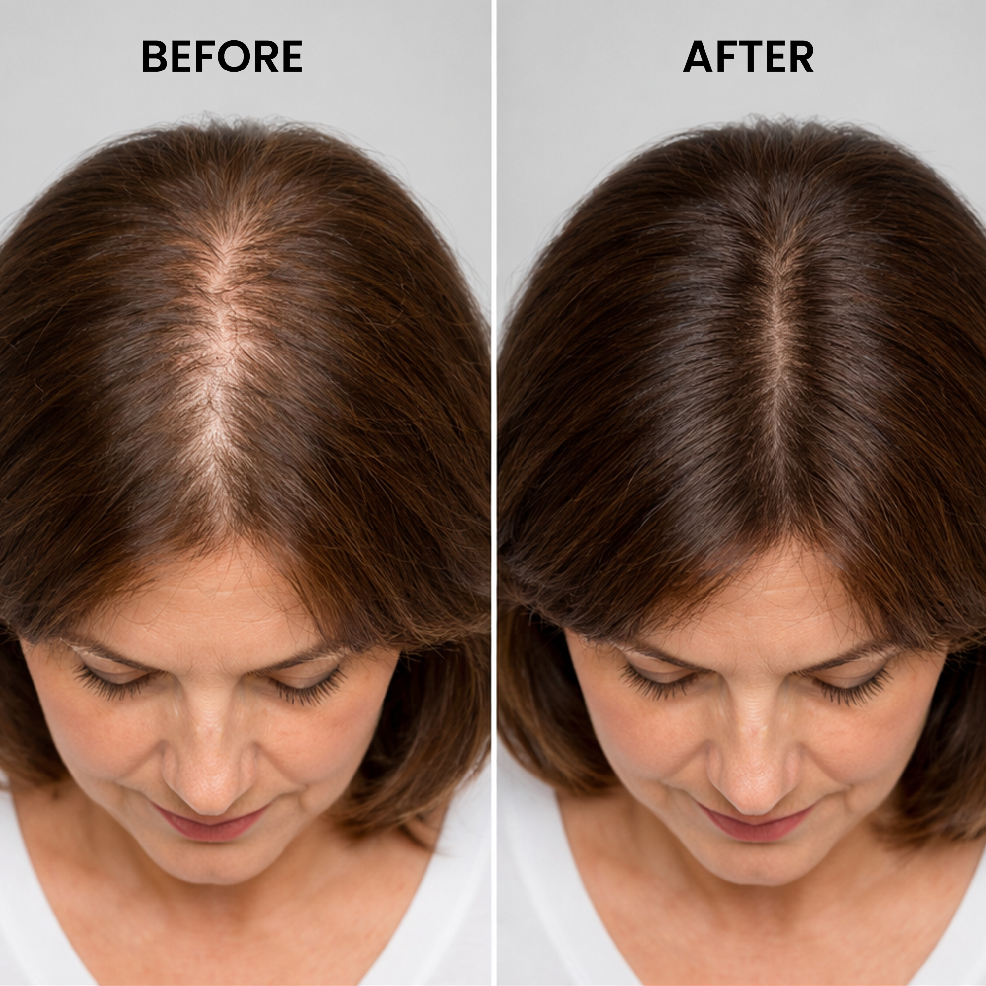 A before and after comparison of a woman's scalp, showing thinning hair becoming fuller.