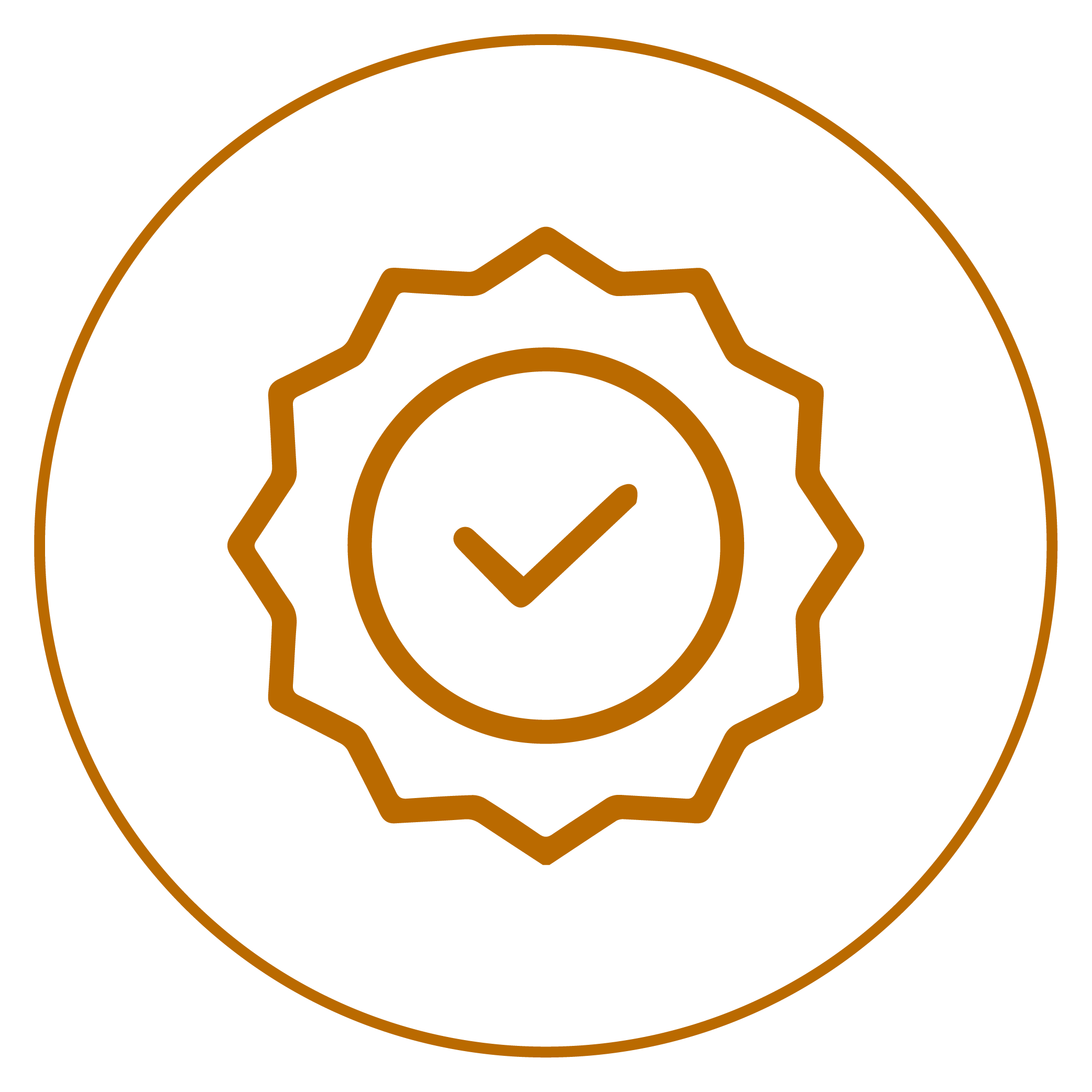 Orange checkmark inside a circular badge outline on a green background.